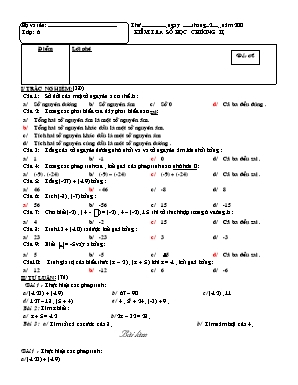 Bộ đề kiểm tra Chương II môn Số học Lớp 6